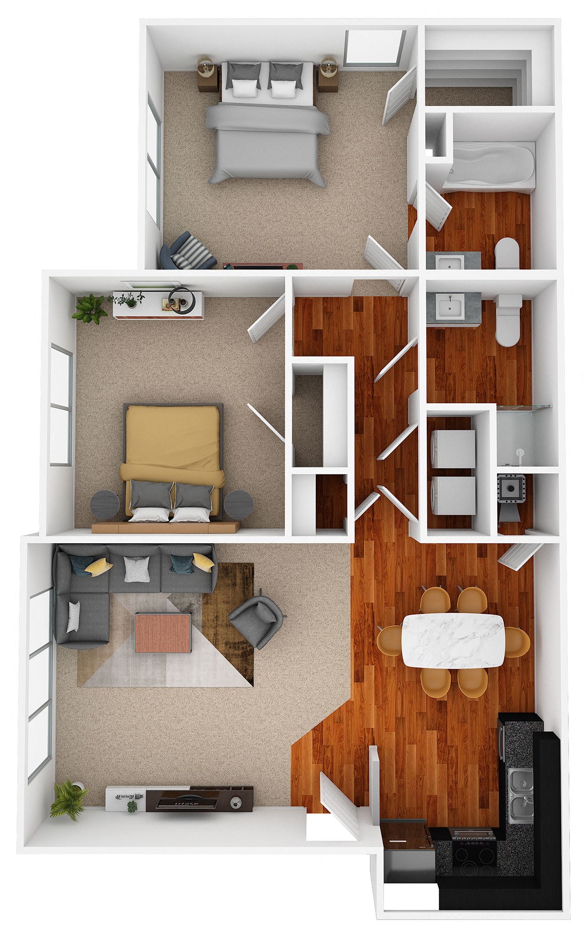 Floor plan for 2 beds, 2 baths, 1050 sqft